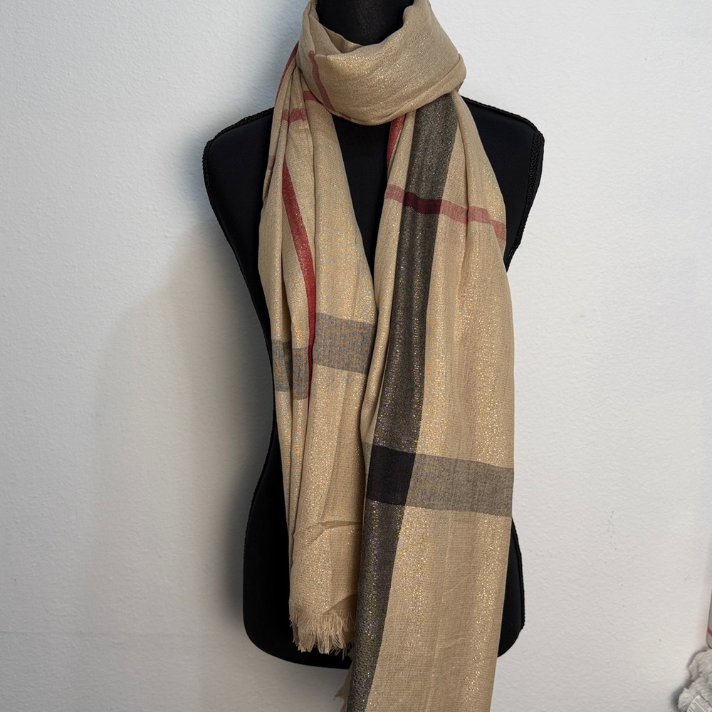 Plaid Beige Scarf‎ with Red and Black gold Accents